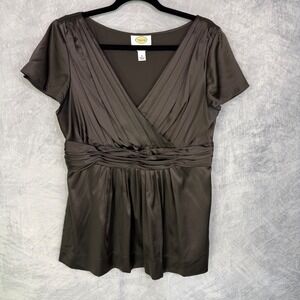 Vtg Y2k 90s Talbots Silk Pleated Surplice Babydoll top Womens sz 12 Brown